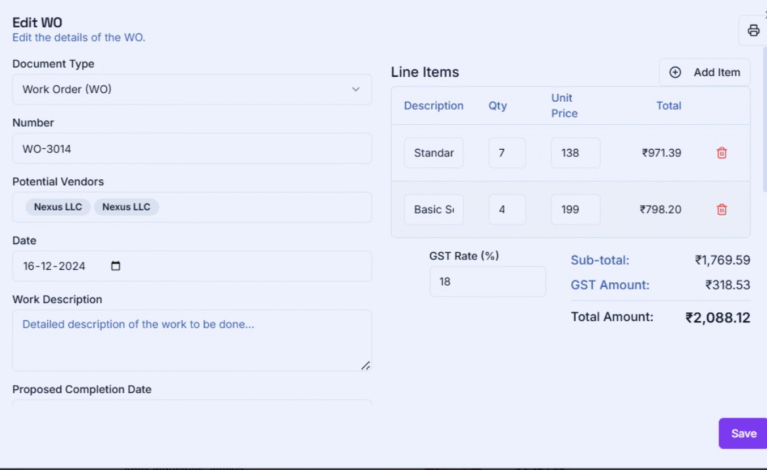 work order, Performa invoice, receivable