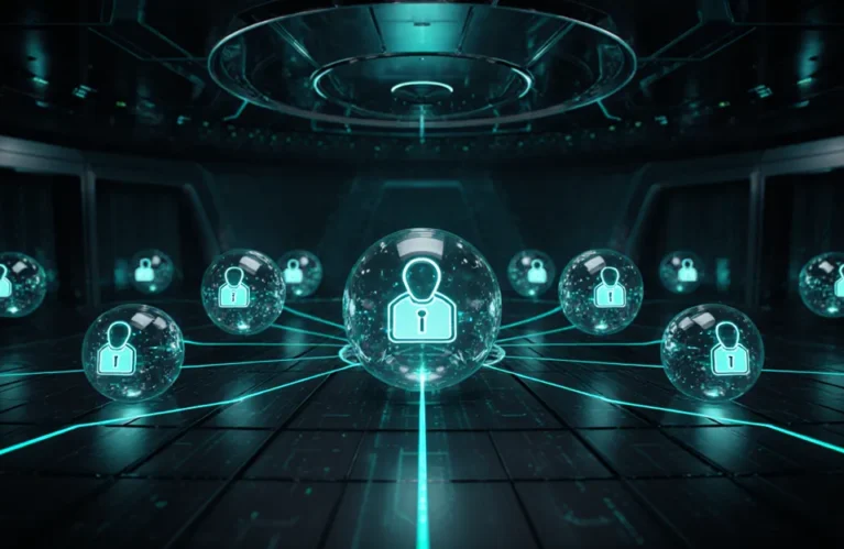AI agent governance 2026 enterprise identity registry grid with teal policy pathways and translucent security spheres BigAIAgent