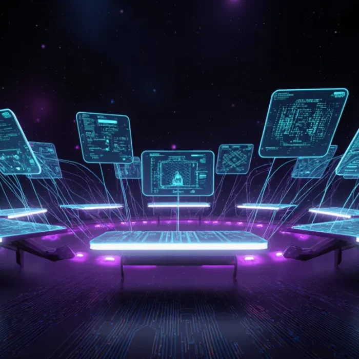 AI agents performing real-world computer tasks 2026, glowing holographic neural network control center in electric blue BigAIAgent