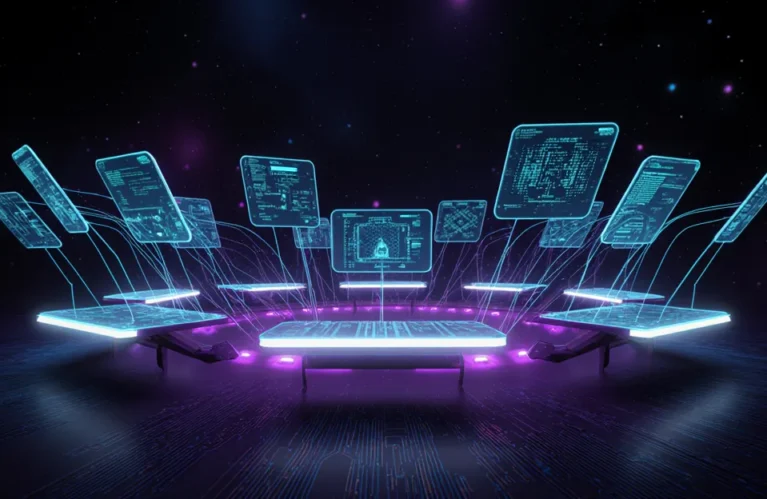 AI agents performing real-world computer tasks 2026, glowing holographic neural network control center in electric blue BigAIAgent
