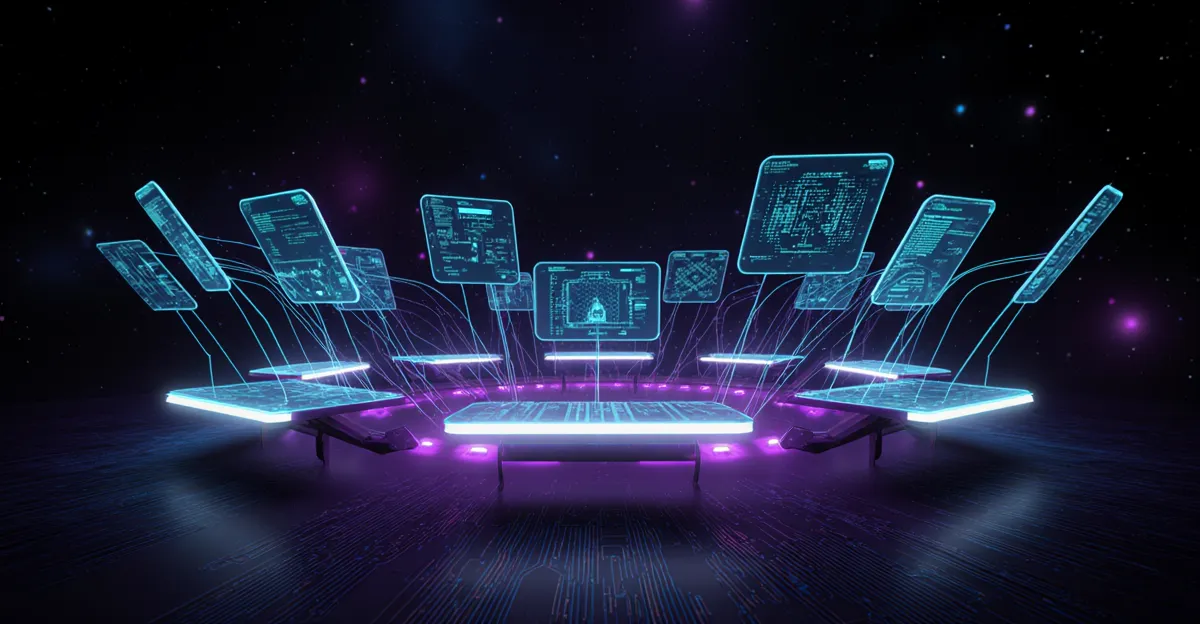 AI agents performing real-world computer tasks 2026, glowing holographic neural network control center in electric blue BigAIAgent