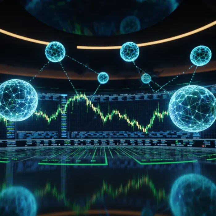 AI agents trading stocks autonomously, futuristic AI trading floor with holographic stock charts in blue and gold BigAIAgent
