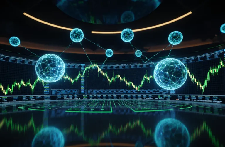 AI agents trading stocks autonomously, futuristic AI trading floor with holographic stock charts in blue and gold BigAIAgent