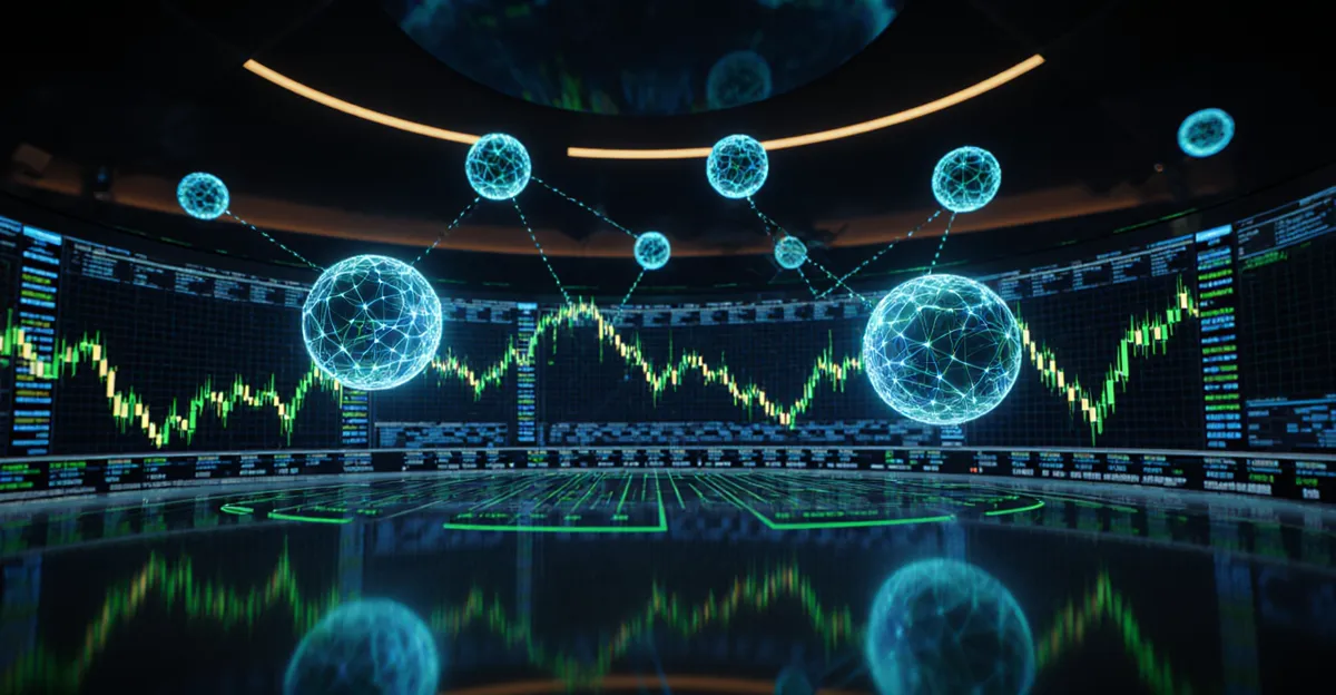 AI agents trading stocks autonomously, futuristic AI trading floor with holographic stock charts in blue and gold BigAIAgent