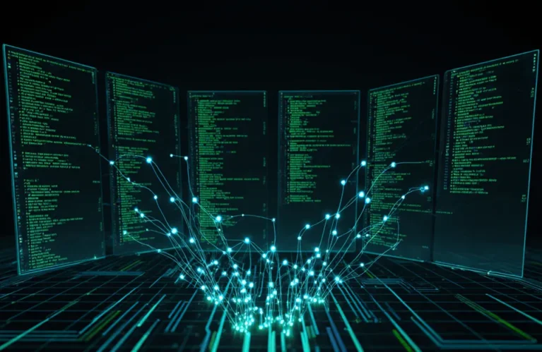 AI coding agents enterprise 2026 futuristic developer workspace with glowing terminal screens and neural network pathways BigAIAgent