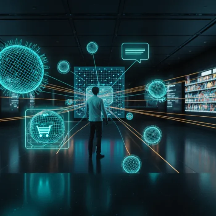 AI agents for e-commerce 2026 futuristic command center with holographic product grids and autonomous agent orbs BigAIAgent
