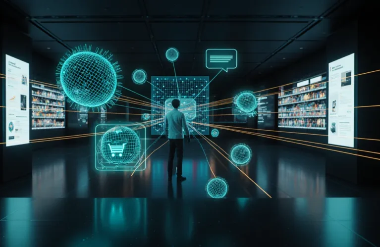 AI agents for e-commerce 2026 futuristic command center with holographic product grids and autonomous agent orbs BigAIAgent