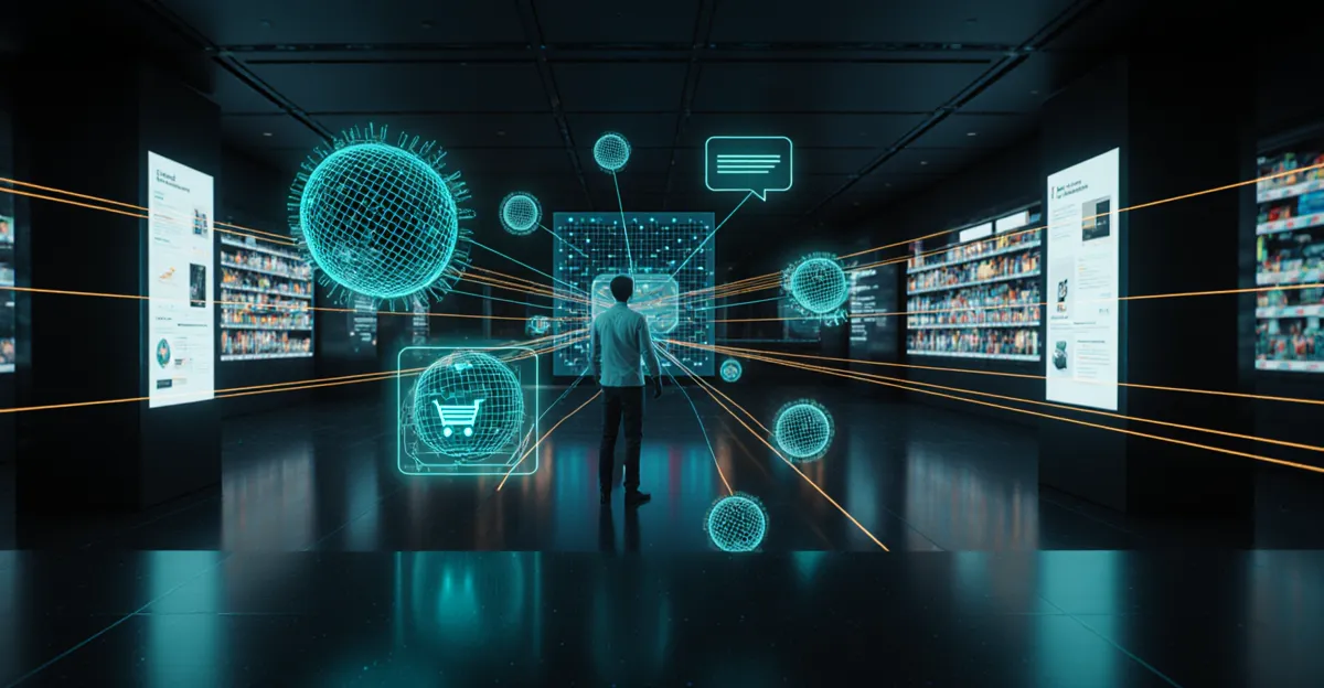 AI agents for e-commerce 2026 futuristic command center with holographic product grids and autonomous agent orbs BigAIAgent