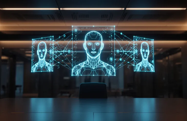 ChatGPT workspace agents automating business workflows, futuristic data network visualization in blue and white BigAIAgent