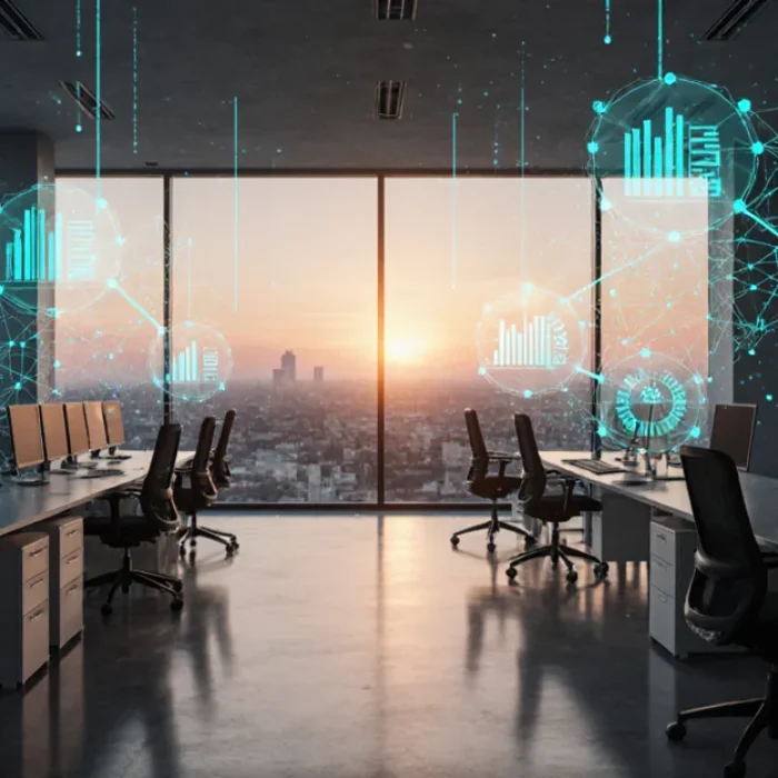 Enterprise AI agent platform 2026, futuristic glass corporate office with aqua data streams and holographic agent interfaces BigAIAgent