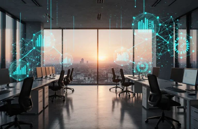 Enterprise AI agent platform 2026, futuristic glass corporate office with aqua data streams and holographic agent interfaces BigAIAgent