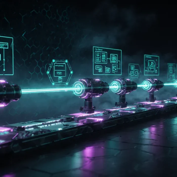 multi-agent AI systems 2026 digital assembly line with glowing teal AI nodes and data streams BigAIAgent