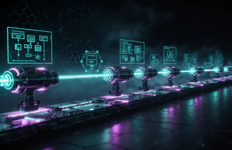 multi-agent AI systems 2026 digital assembly line with glowing teal AI nodes and data streams BigAIAgent