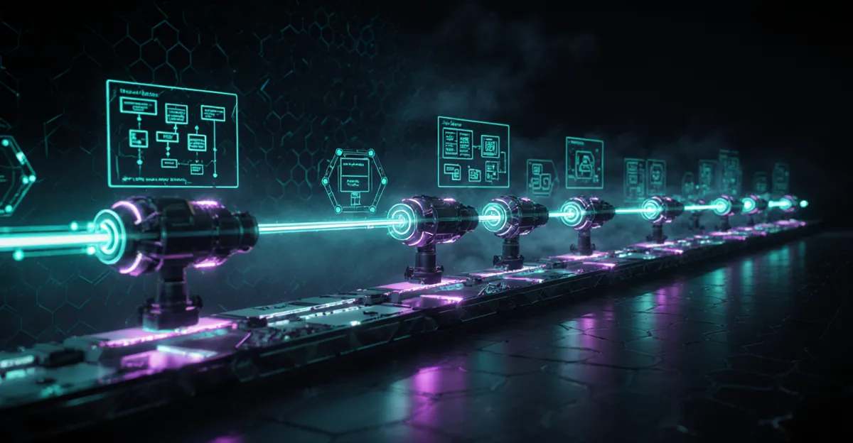 multi-agent AI systems 2026 digital assembly line with glowing teal AI nodes and data streams BigAIAgent