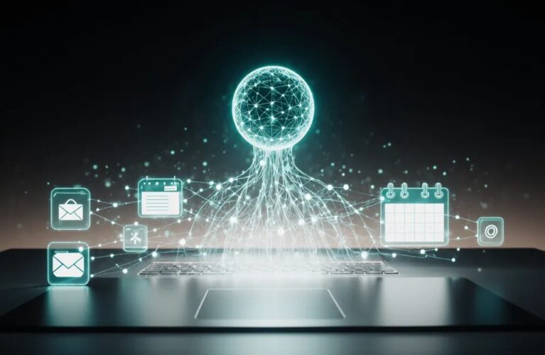 Personal AI agents 2026 luminous humanoid agent orb over smart workspace with holographic task panels BigAIAgent
