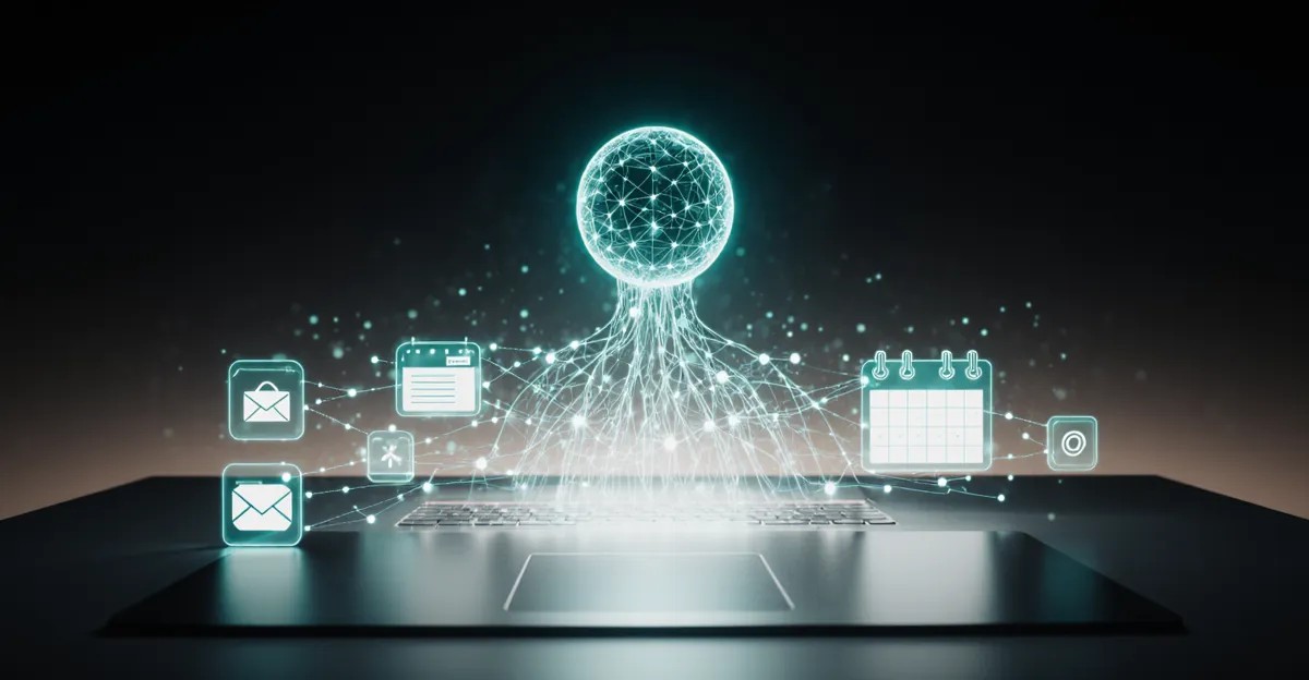 Personal AI agents 2026 luminous humanoid agent orb over smart workspace with holographic task panels BigAIAgent