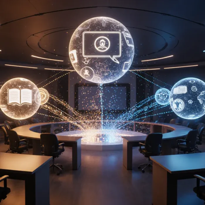 AI agents in education 2026 futuristic radial classroom with AI tutor orbs and holographic lesson interfaces BigAIAgent