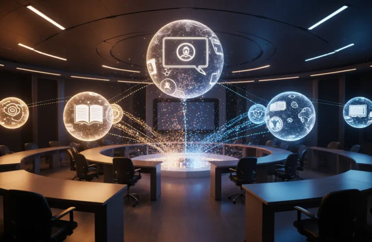 AI agents in education 2026 futuristic radial classroom with AI tutor orbs and holographic lesson interfaces BigAIAgent