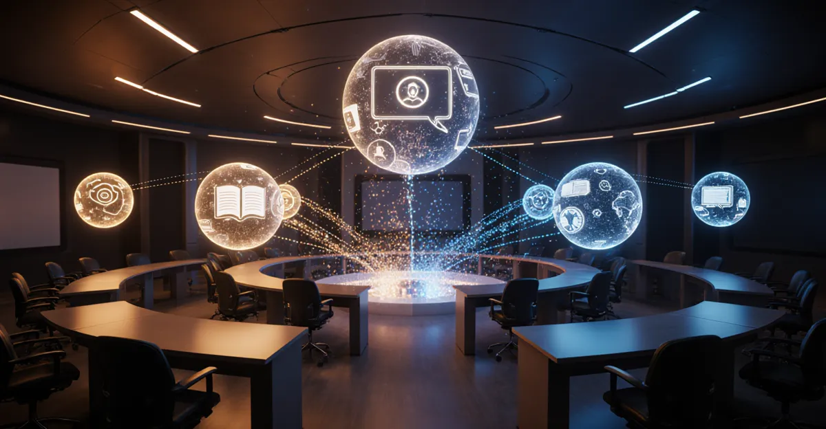 AI agents in education 2026 futuristic radial classroom with AI tutor orbs and holographic lesson interfaces BigAIAgent