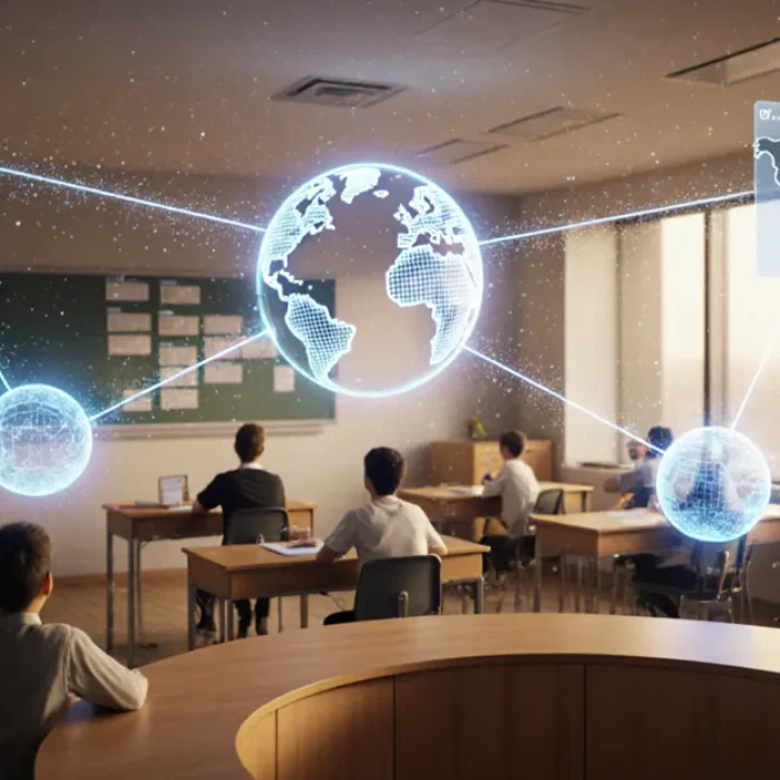 AI agents for education 2026 futuristic classroom with tutoring agent orbs and holographic curriculum maps BigAIAgent