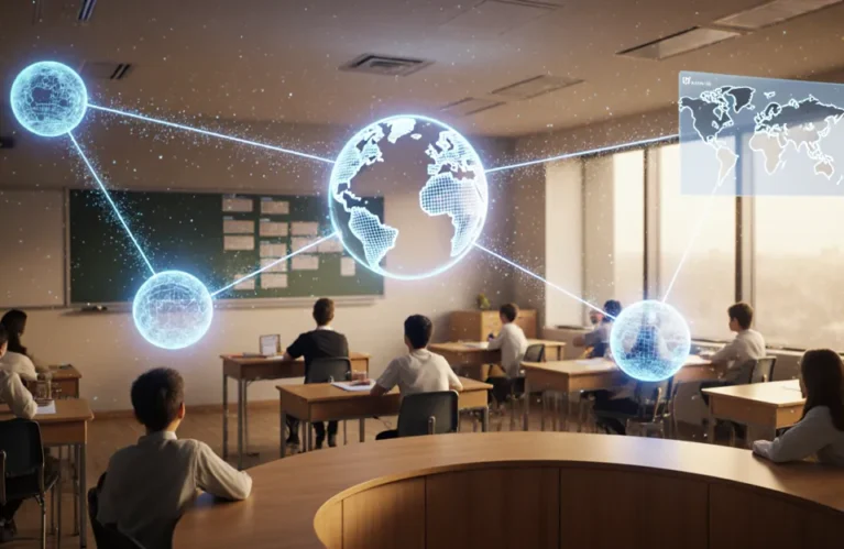 AI agents for education 2026 futuristic classroom with tutoring agent orbs and holographic curriculum maps BigAIAgent