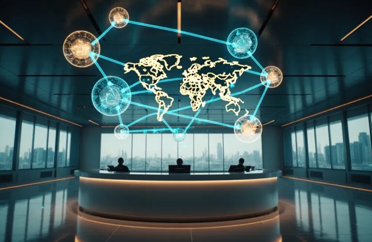 AI agents for government 2026, futuristic civic services hub with luminous agent nodes and citizen request pathways BigAIAgent