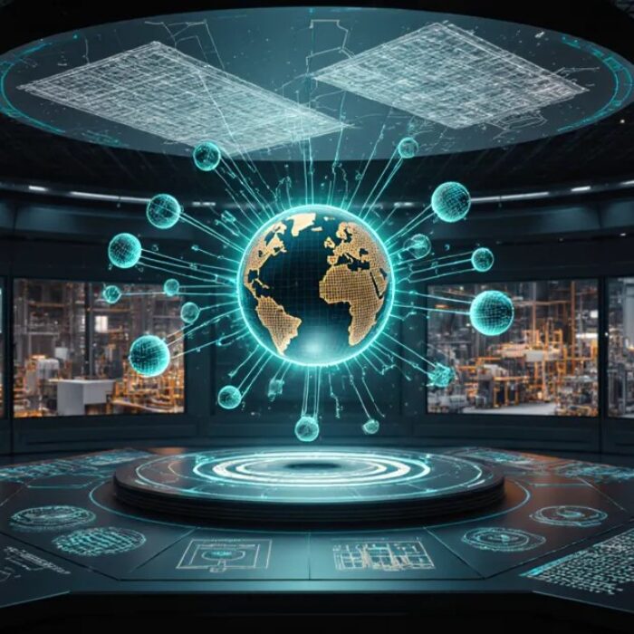 AI agents in manufacturing 2026 futuristic factory operations command center with orchestrator sphere and teal data streams BigAIAgent