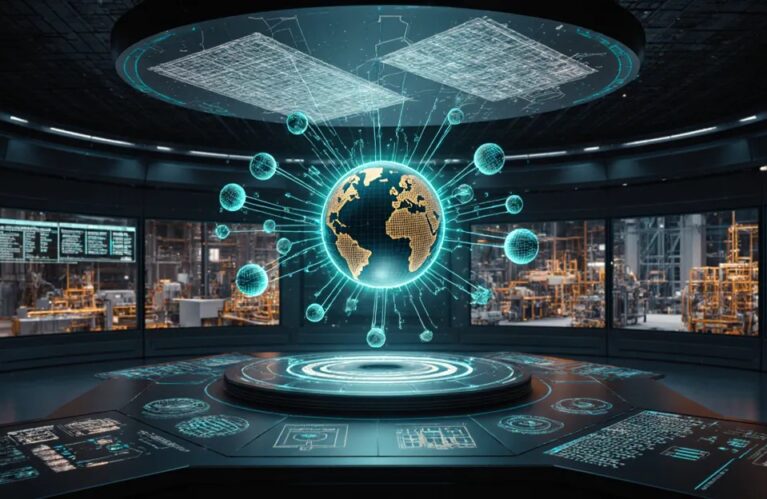 AI agents in manufacturing 2026 futuristic factory operations command center with orchestrator sphere and teal data streams BigAIAgent