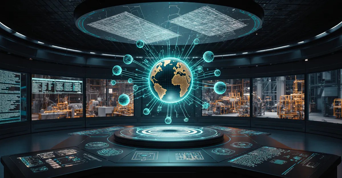 AI agents in manufacturing 2026 futuristic factory operations command center with orchestrator sphere and teal data streams BigAIAgent