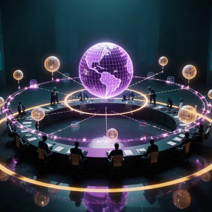 AI agents for project management 2026 futuristic circular war room with agent orbs and holographic timelines BigAIAgent
