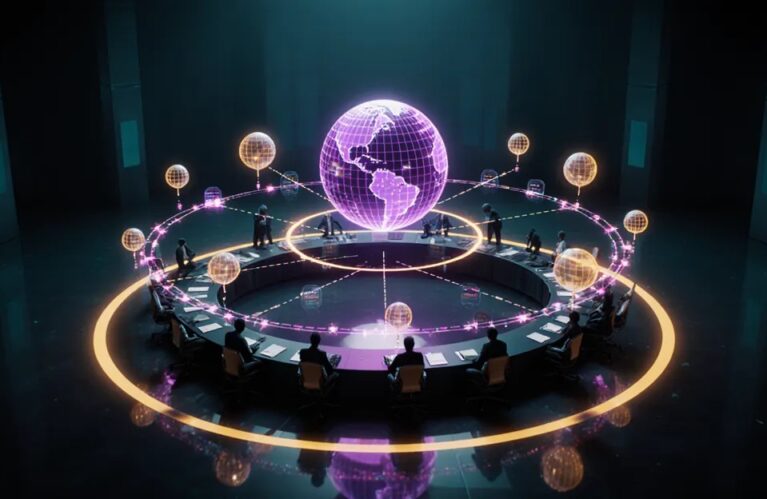 AI agents for project management 2026 futuristic circular war room with agent orbs and holographic timelines BigAIAgent