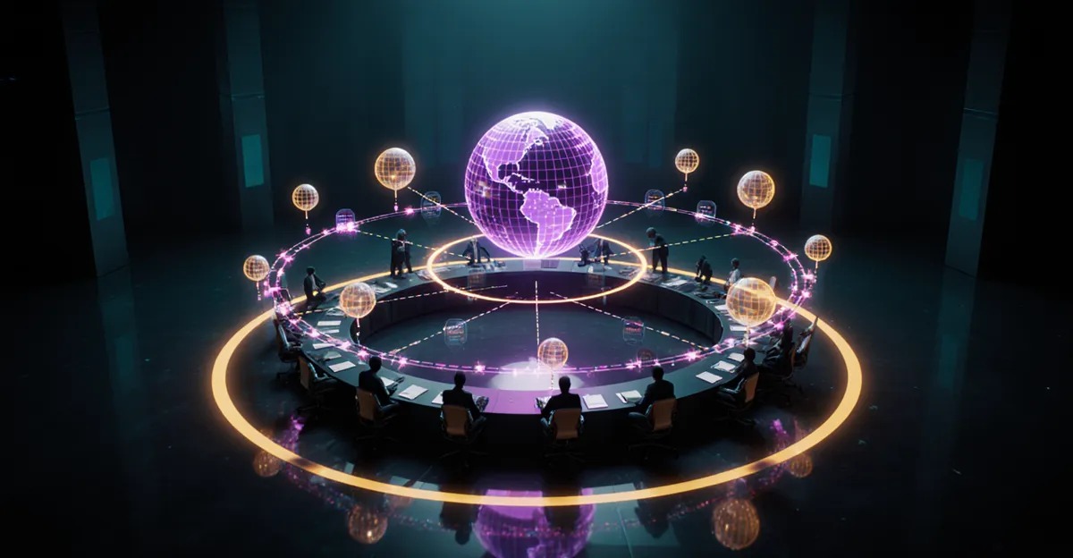 AI agents for project management 2026 futuristic circular war room with agent orbs and holographic timelines BigAIAgent