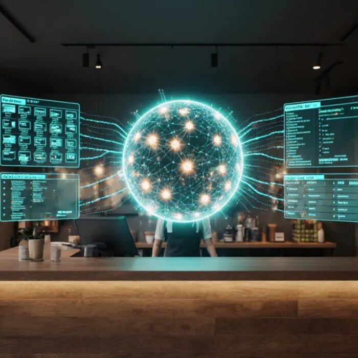 AI agents for small business 2026 cozy modern workspace with agent orb and holographic workflow panels BigAIAgent