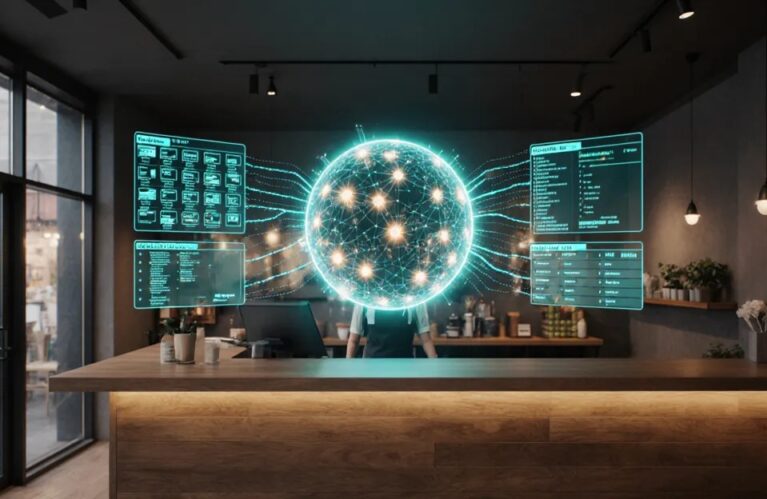 AI agents for small business 2026 cozy modern workspace with agent orb and holographic workflow panels BigAIAgent