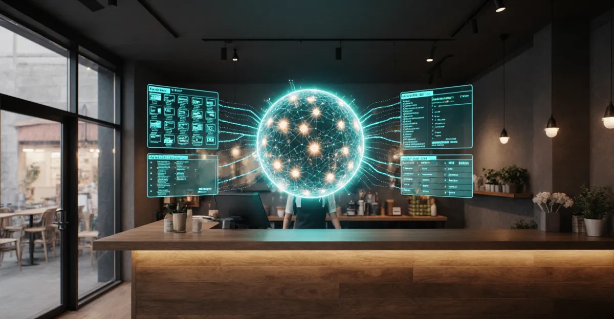 AI agents for small business 2026 cozy modern workspace with agent orb and holographic workflow panels BigAIAgent