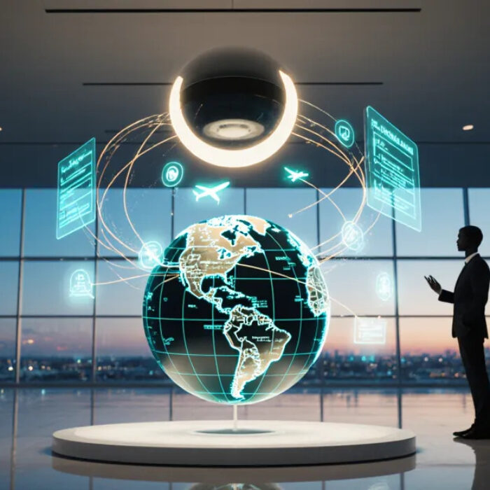 AI agents for travel 2026 agentic booking hub with holographic globe and flight arc pathways BigAIAgent