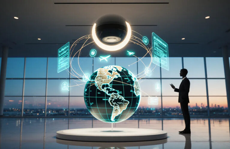 AI agents for travel 2026 agentic booking hub with holographic globe and flight arc pathways BigAIAgent