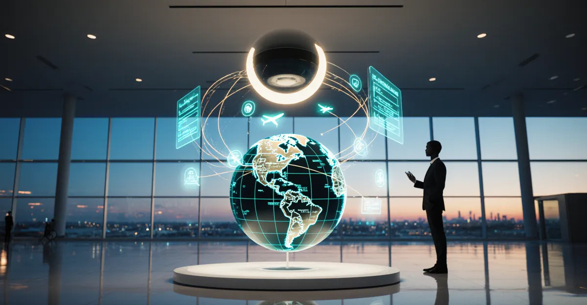 AI agents for travel 2026 agentic booking hub with holographic globe and flight arc pathways BigAIAgent