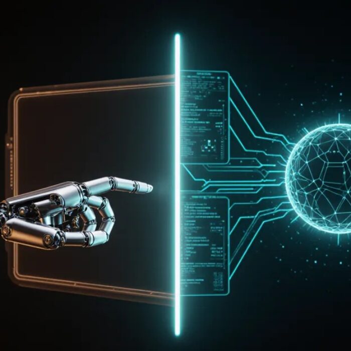 AI agents vs RPA 2026 split-screen comparison mechanical robot arm versus luminous AI agent orb BigAIAgent