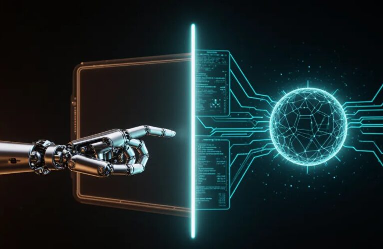 AI agents vs RPA 2026 split-screen comparison mechanical robot arm versus luminous AI agent orb BigAIAgent