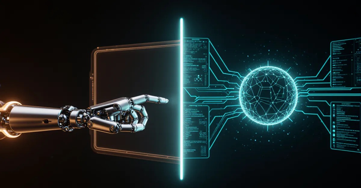 AI agents vs RPA 2026 split-screen comparison mechanical robot arm versus luminous AI agent orb BigAIAgent