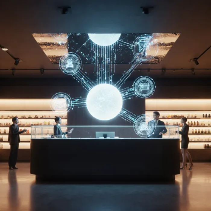 Autonomous AI business shopkeeper agent managing a futuristic retail shop with holographic inventory panels and CEO oversight layer BigAIAgent