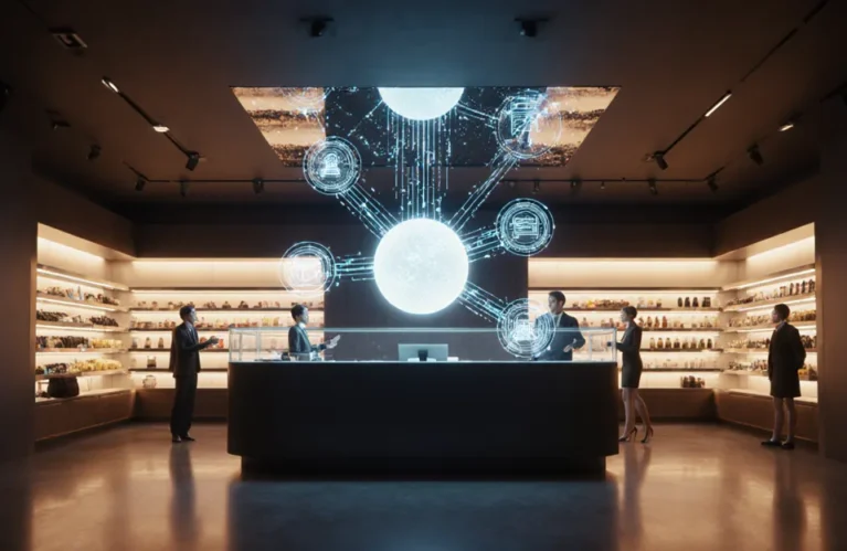 Autonomous AI business shopkeeper agent managing a futuristic retail shop with holographic inventory panels and CEO oversight layer BigAIAgent