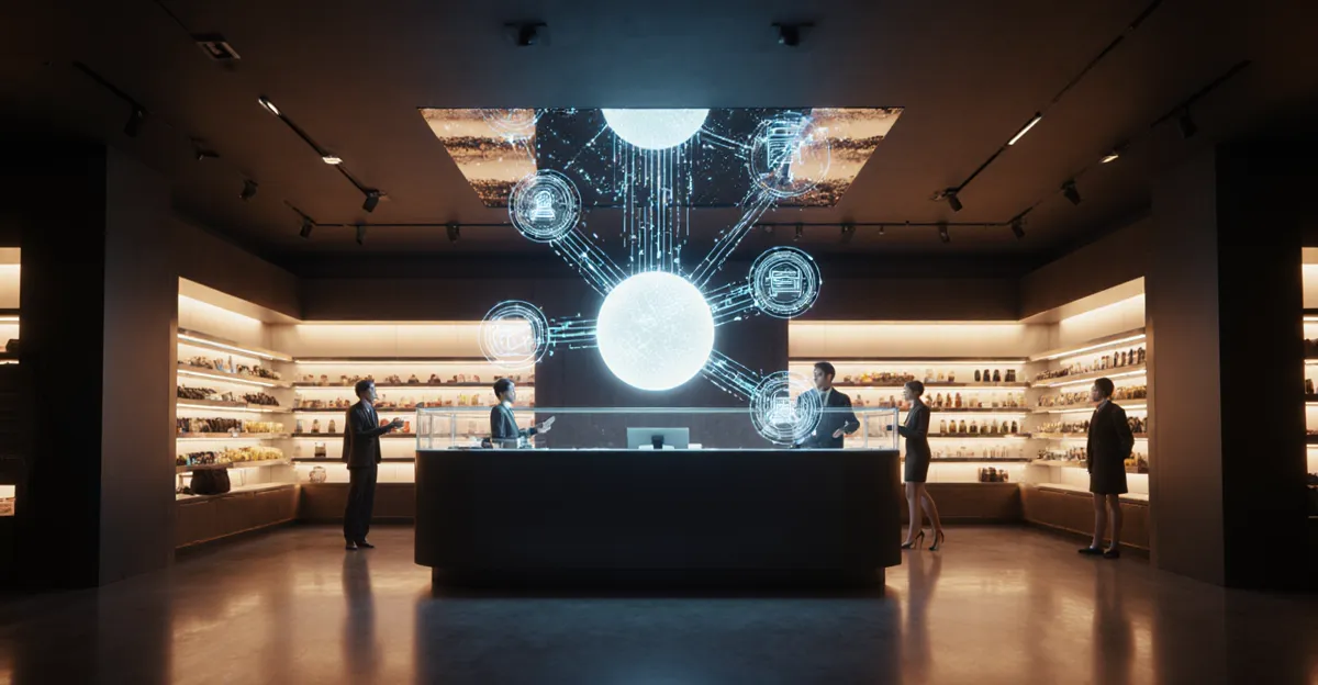 Autonomous AI business shopkeeper agent managing a futuristic retail shop with holographic inventory panels and CEO oversight layer BigAIAgent