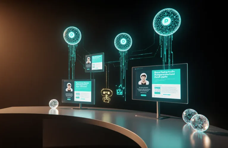 Best AI agents for content creation 2026 futuristic studio with agent orbs generating social media posts across platforms BigAIAgent