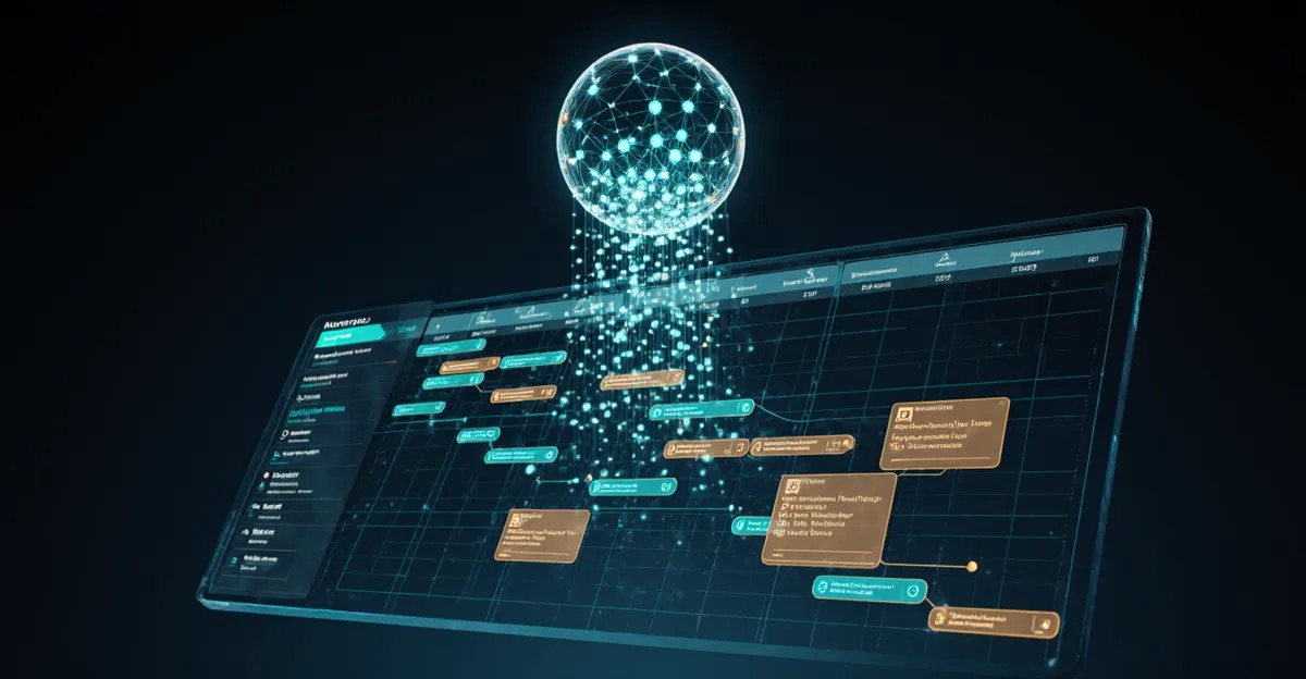 Best AI agents for project management 2026 futuristic Gantt chart with AI agent orb and glowing workflow nodes BigAIAgent
