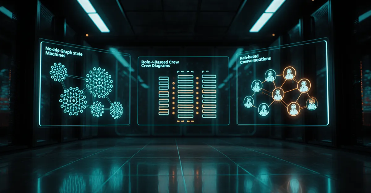 LangGraph vs CrewAI vs AutoGen 2026 three-panel AI framework comparison holographic interface BigAIAgent