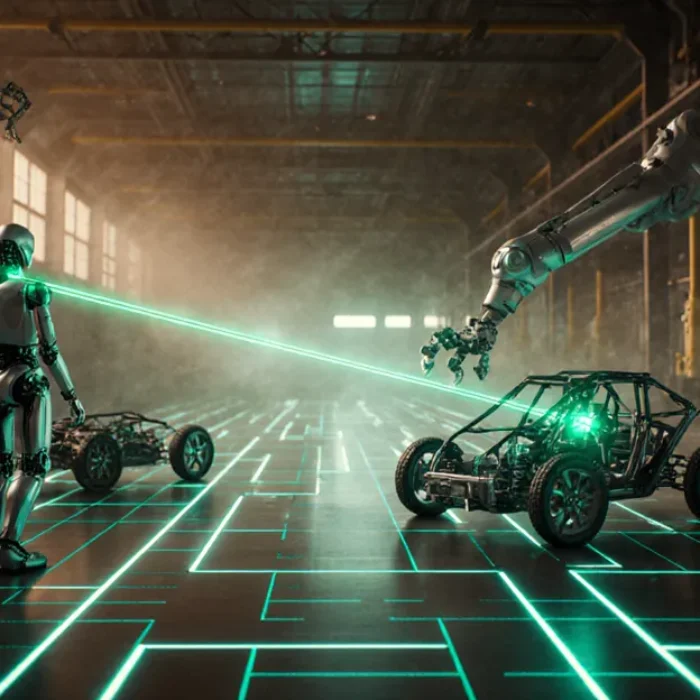 Physical AI agents powering robotics and factory automation, futuristic factory floor with AI-guided robots in teal and amber light BigAIAgent