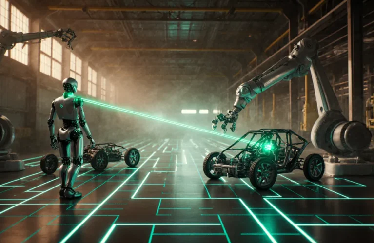 Physical AI agents powering robotics and factory automation, futuristic factory floor with AI-guided robots in teal and amber light BigAIAgent