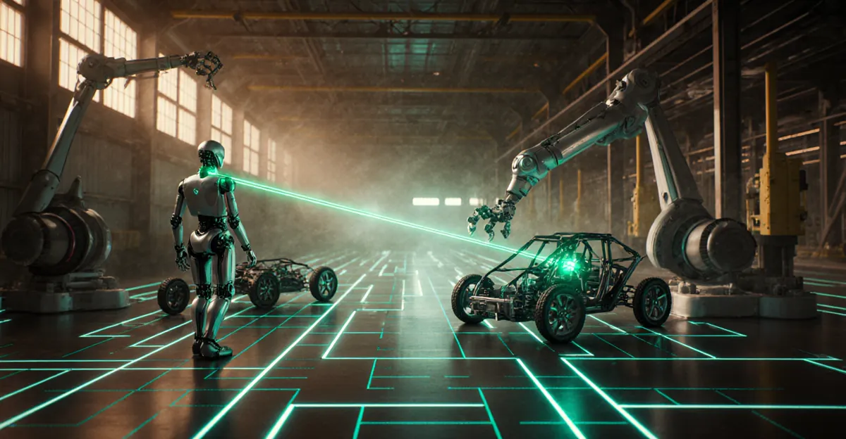 Physical AI agents powering robotics and factory automation, futuristic factory floor with AI-guided robots in teal and amber light BigAIAgent